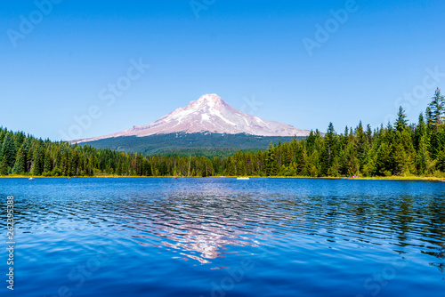 Landscape of the picturesque Trillium Lake surrounded by forest overlooking Mount Hood and the reflection of snowy mountain in the clear water of the lake