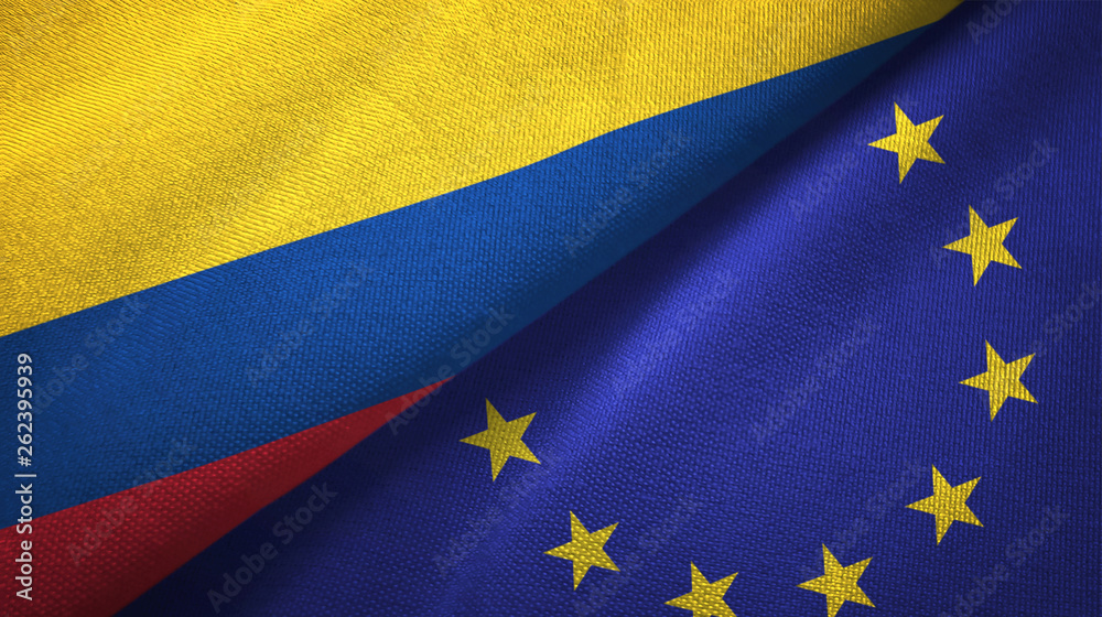 Colombia and European Union two flags textile cloth, fabric texture Colombia and European Union two flags textile cloth, fabric texture