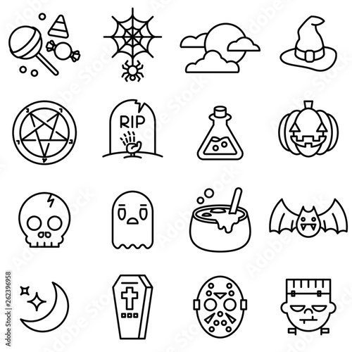 Halloween Holiday Line Vector Icons Set