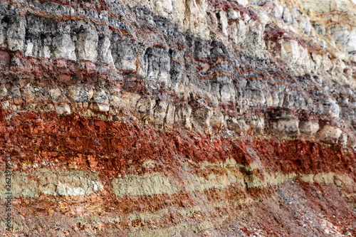  texture of different layers of clay underground in clay quarry after geological study of soil.