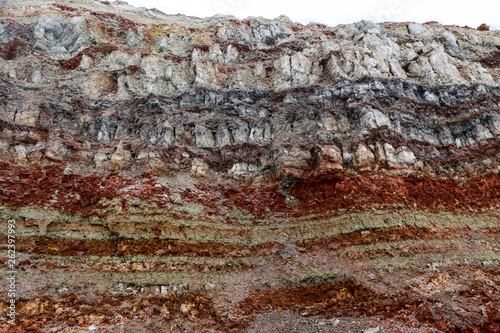  texture of different layers of clay underground in  clay quarry after geological study of soil.