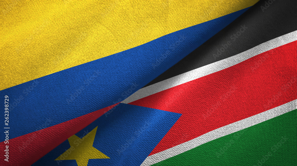 Fototapeta premium Colombia and South Sudan two flags textile cloth, fabric texture