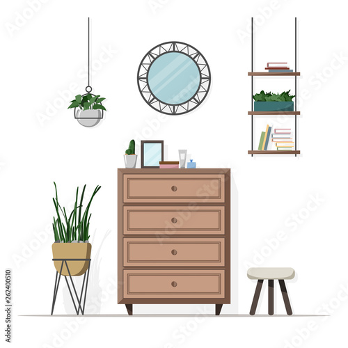 Home interior. Bedroom. Furniture, decor – commode, mirror, plants, shelf. Flat style vector illustration.