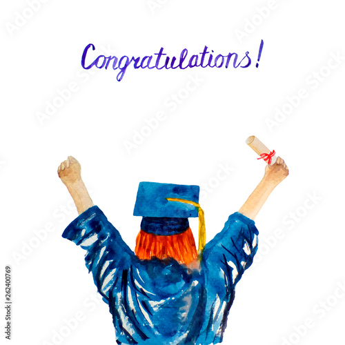 Watercolor graduate student. Hand drawn  young woman in a graduation cap and mantle with a university diploma. Painting illustration of celebrating