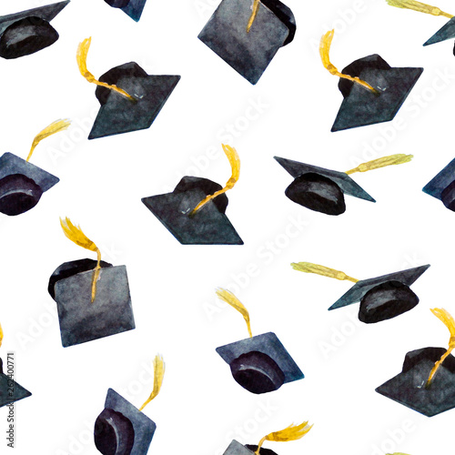 Fototapeta wzór elementów akwarelowych do ukończenia szkoły, ręcznie rysowane graduation czapki
