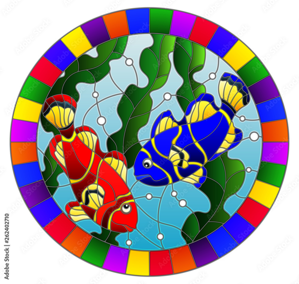 Illustration in stained glass style with a pair bright fishes on the background of water and algae,oval picture in a bright frame Illustration in stained glass style with a pair bright fishes on the background of water and algae,oval picture in a bright frame