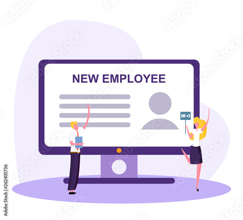 good attitude to the new employee, interaction of experienced workers with a newcomer, first day in office and new team, Vector image, flat design, modern illustration with colorful characters.