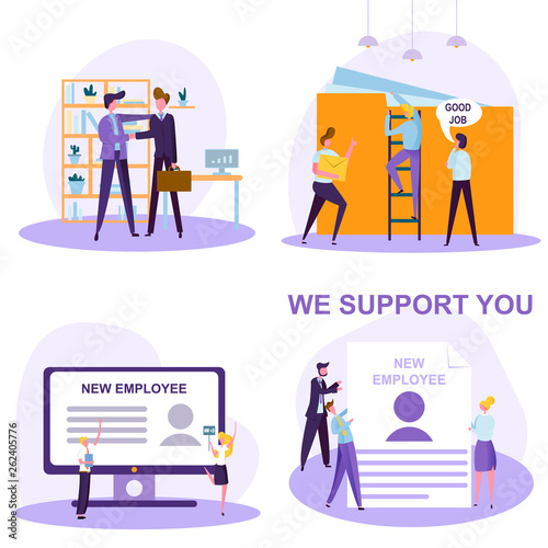 good attitude to the new employee, interaction of experienced workers with a newcomer, first day in office and new team, Vector image, set of modern colorful illustrations with characters