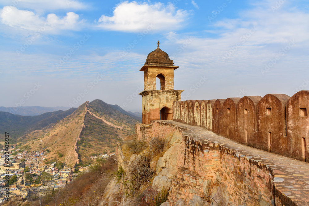 Ancient long wall with towers around Amber Fort. Rajasthan. India