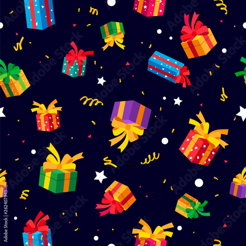 Seamless pattern of different gift boxes. Happy new year and Merry christmas.