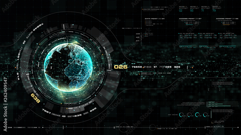 Obraz premium Futuristic motion graphic user interface head up display screen with Holographic Earth and digital data telemetry information display for digital background computer desktop display screen
