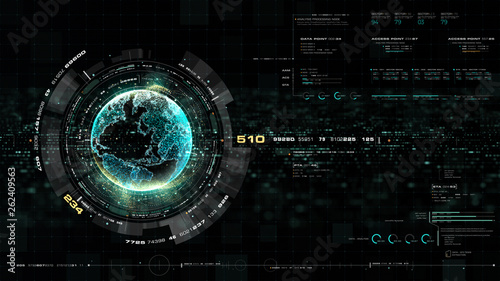 Futuristic motion graphic user interface head up display screen with Holographic Earth and digital data telemetry information display for digital background computer desktop display screen