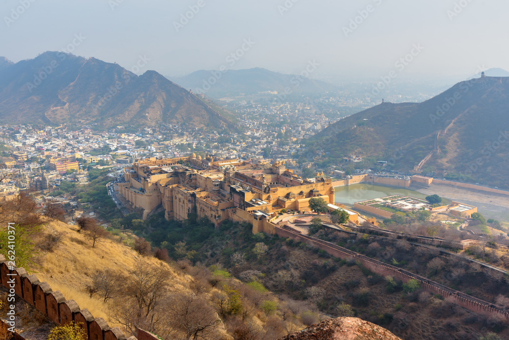 View of Amber fort and palace in Maotha Lake from Jaigarh Fort. Rajasthan. India