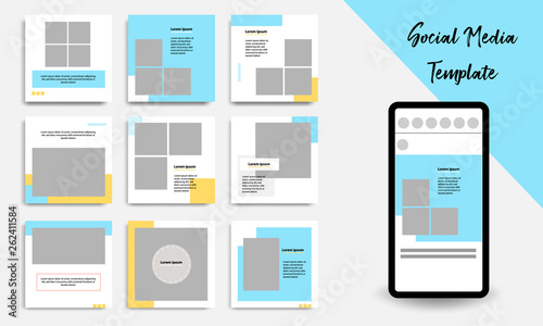 Editable square abstract geometric banner template for social media post. Blue, yellow and white frame color. Minimal design background vector illustration