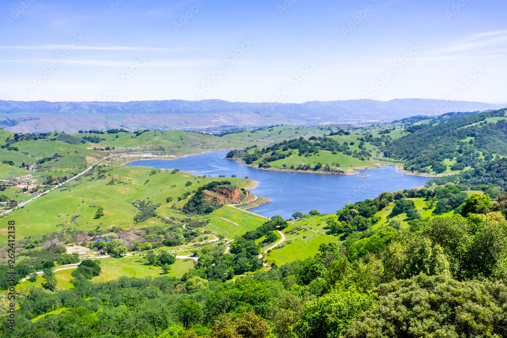 Aerial view of Calero reservoir, Calero county park, Santa Clara county, south San Francisco bay area, San Jose, California