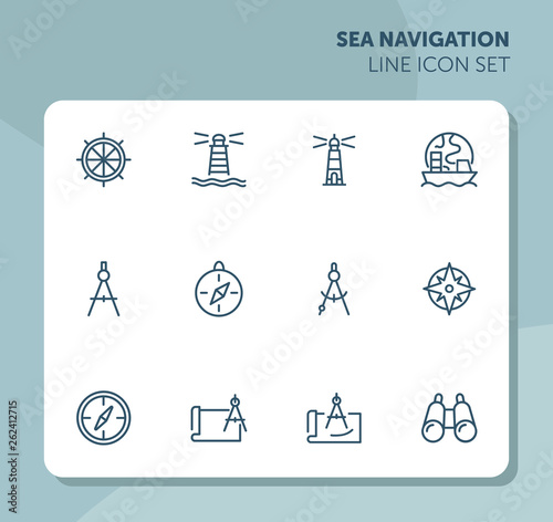 Sea navigation line icon set