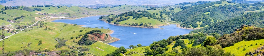 Aerial view of Calero reservoir, Calero county park, Santa Clara county, south San Francisco bay area, San Jose, California