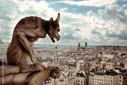 Notre Dame Demon Gargoyle and view of Paris © softdelusion