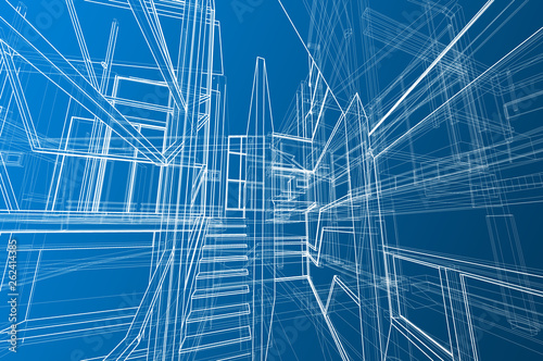 Fototapeta Naklejka Na Ścianę i Meble -  Architecture interior spae design concept 3d perspective white wireframe rendering gradient blue