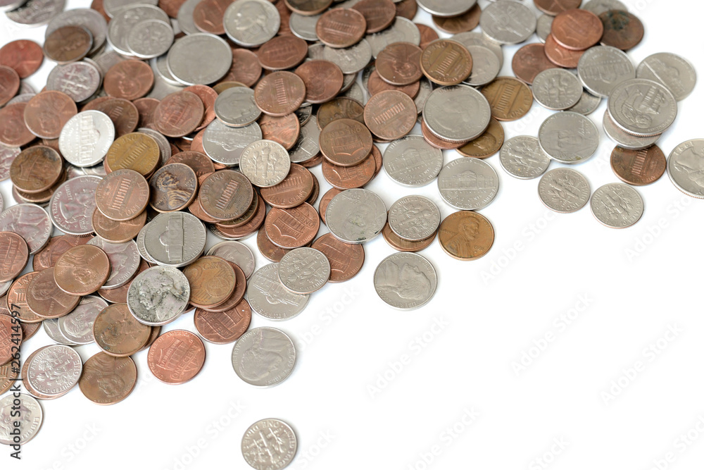 A pile of american cents scattered isolated on white A pile of american cents scattered isolated on white