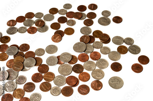 A pile of american cents scattered isolated on white