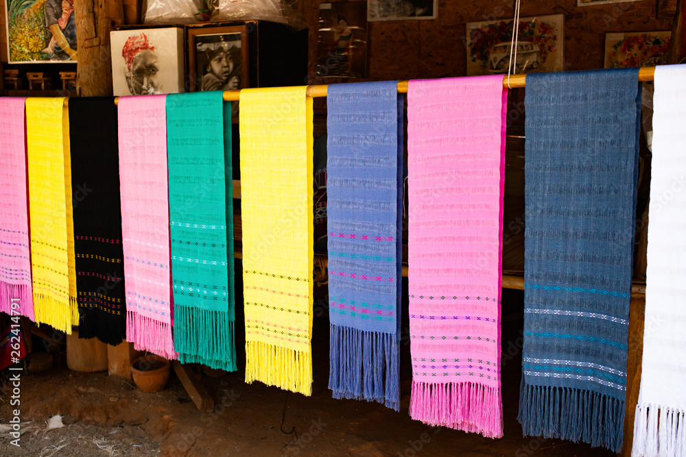Naklejka premium beautiful fabrics of white karen hill tribe people