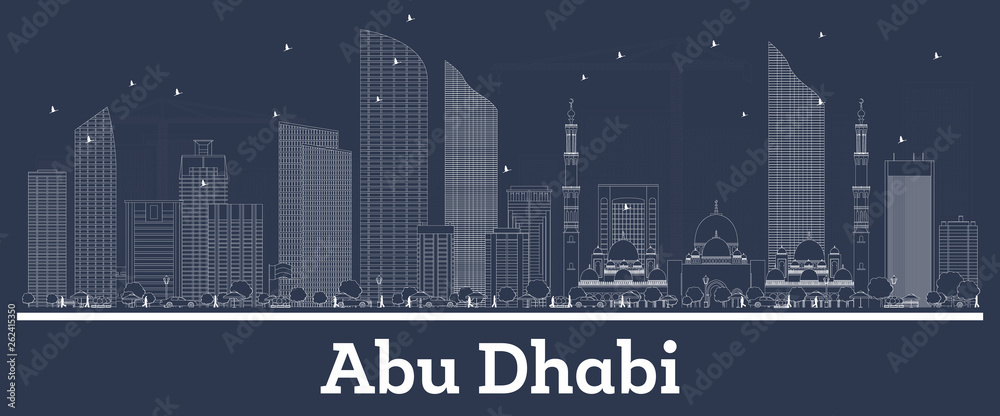 Outline Abu Dhabi UAE City Skyline with White Buildings.