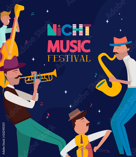 Photography Night music festival poster with musicians and musical instruments