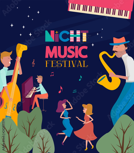 Night music festival poster with musicians and musical instruments
