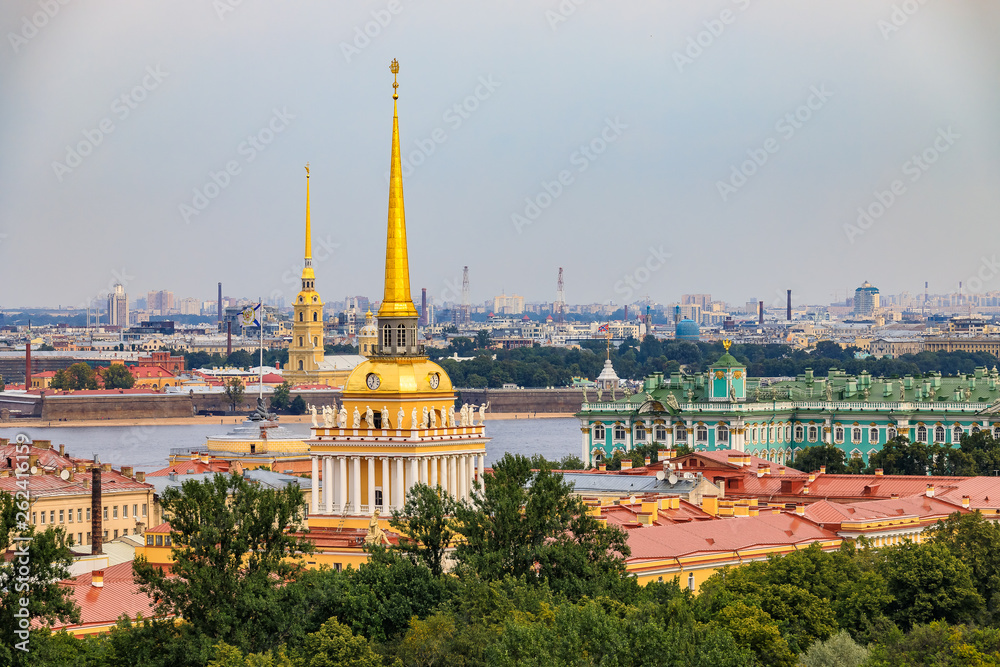 City skyline with the Admiralty spire, Peter and Paul Fortress, river Neva and Hermitage Winter Palace in Saint Petersburg, Russia