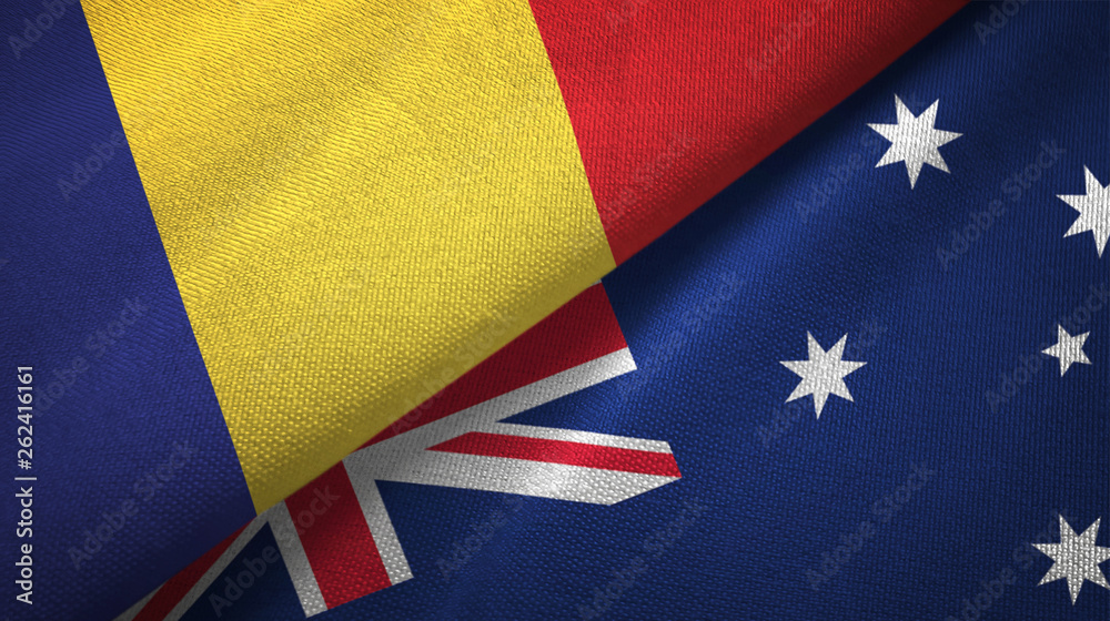 Romania and Australia two flags textile cloth, fabric texture