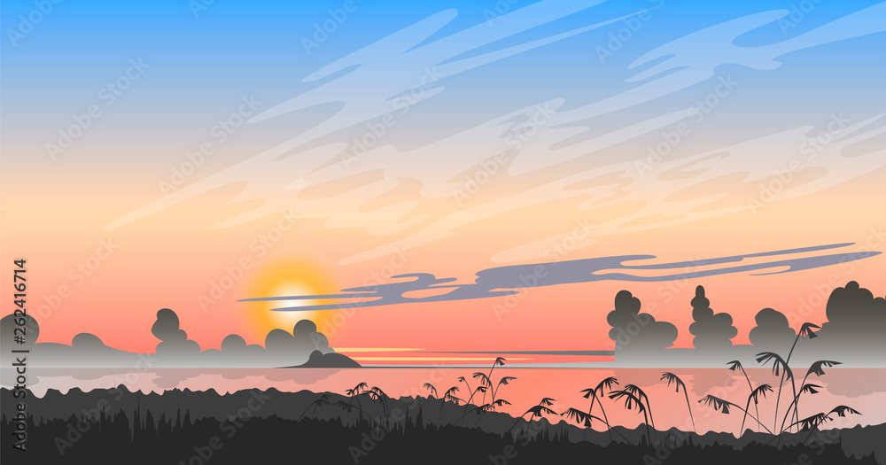 landscape with sunset. vector image of the wilderness landscape. fog on the river landscape with sunset. vector image of the wilderness landscape. fog on the river