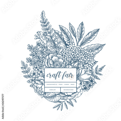 Floral card design template. Spring floral composition. Vintage sketchy style plants. Vector illustration