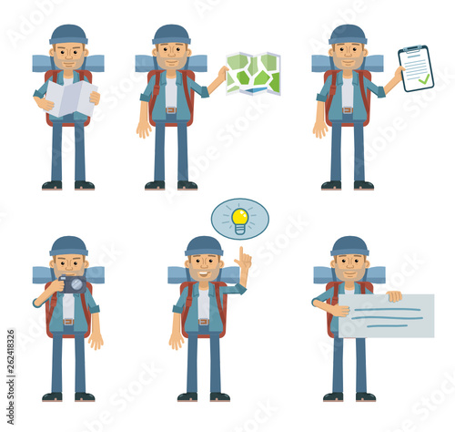 Set of traveler characters posing in different situations. Cheerful hiker holding map, photo camera, clipboard, banner, paper, placard, pointing up. Flat style vector illustration