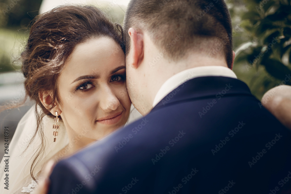 Beautiful brunette bride portrait face close-up, sensual groom kissing hugging bride, newlywed couple posing outdoors in park afrer wedding ceremony Beautiful brunette bride portrait face close-up, sensual groom kissing hugging bride, newlywed couple posing outdoors in park afrer wedding ceremony