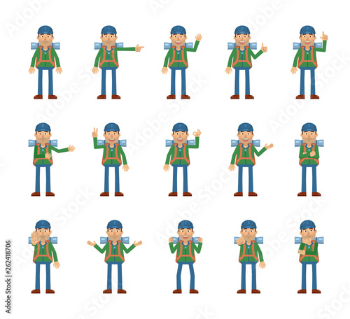 Big set of mountaineer characters showing different hand gestures. Cheerful traveler showing thumb up, pointing, greeting, victory, stop sign and other hand gestures. Simple vector illustration