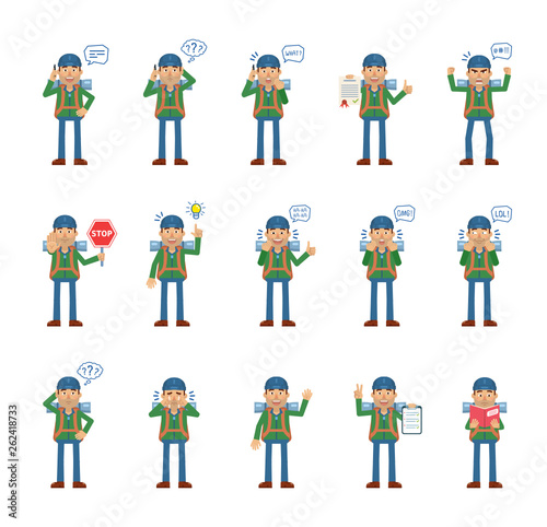 Big set of mountaineer characters showing different actions, gestures, emotions. Cheerful traveler talking on phone, holding stop sign, document and doing other actions. Simple vector illustration