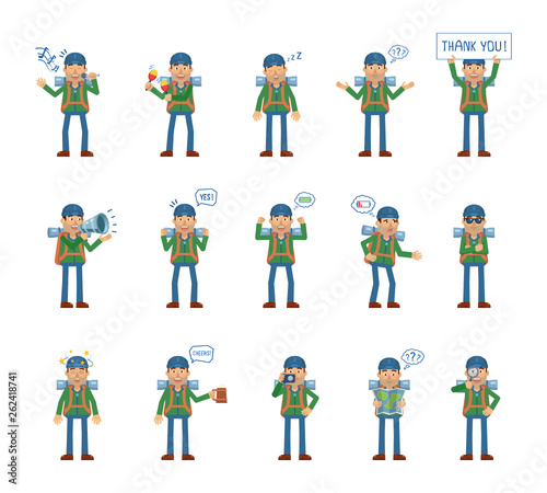 Big set of mountaineer characters showing different actions, gestures, emotions. Cheerful traveler singing, sleeping, holding loudspeaker, banner and doing other actions. Simple vector illustration