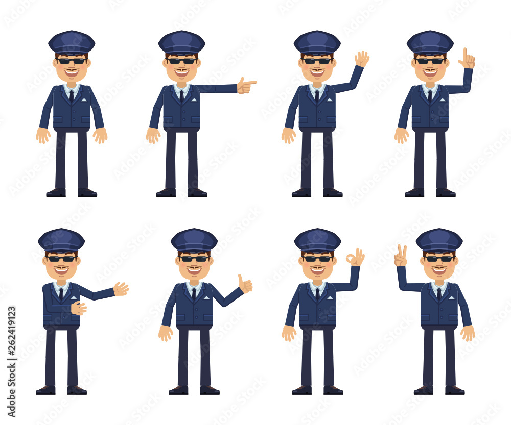 Set of chauffeur characters showing different hand gestures. Cheerful driver showing thumb up gesture, this way, greeting, waving, pointing up, victory sign. Flat style vector illustration