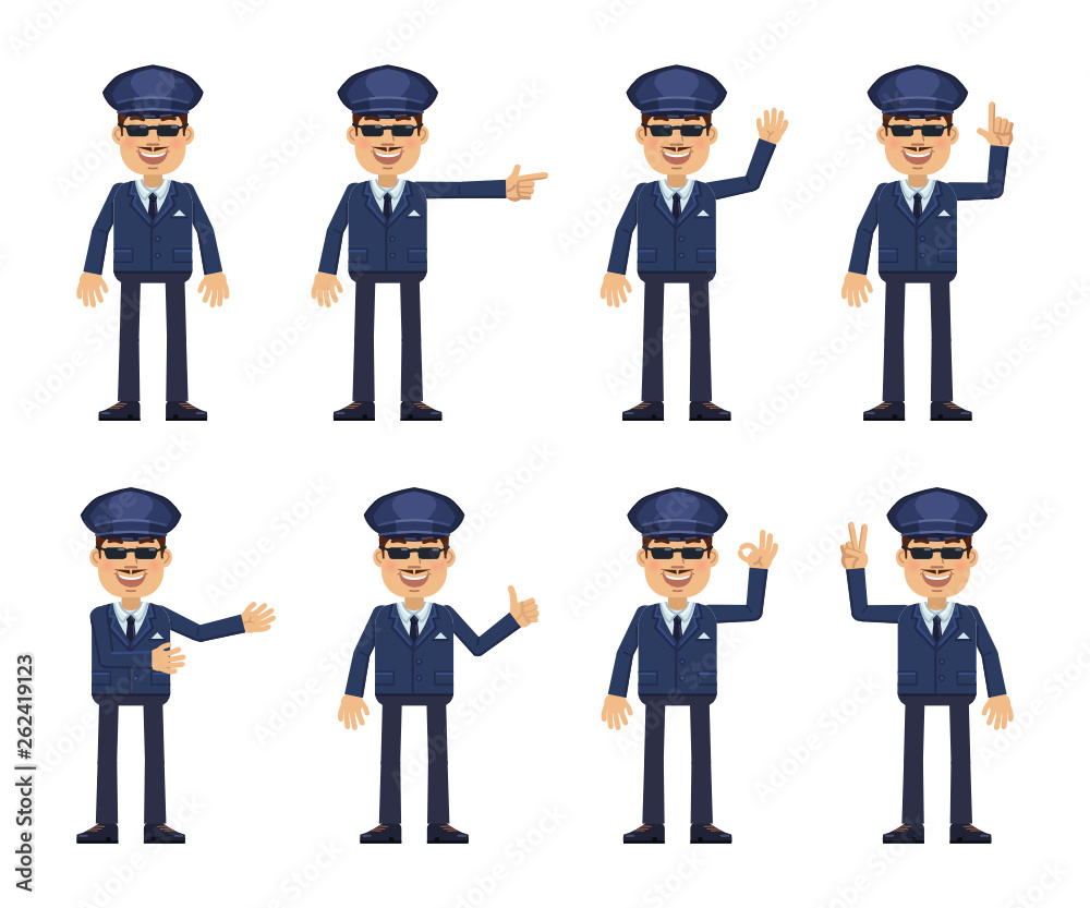 Set of chauffeur characters showing different hand gestures. Cheerful driver showing thumb up gesture, this way, greeting, waving, pointing up, victory sign. Flat style vector illustration Set of chauffeur characters showing different hand gestures. Cheerful driver showing thumb up gesture, this way, greeting, waving, pointing up, victory sign. Flat style vector illustration