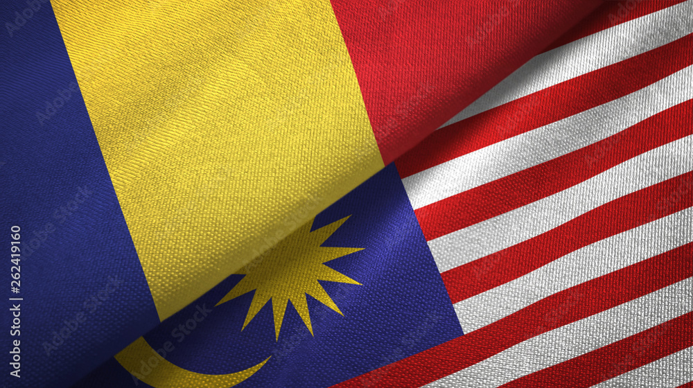 Romania and Malaysia two flags textile cloth, fabric texture Romania and Malaysia two flags textile cloth, fabric texture