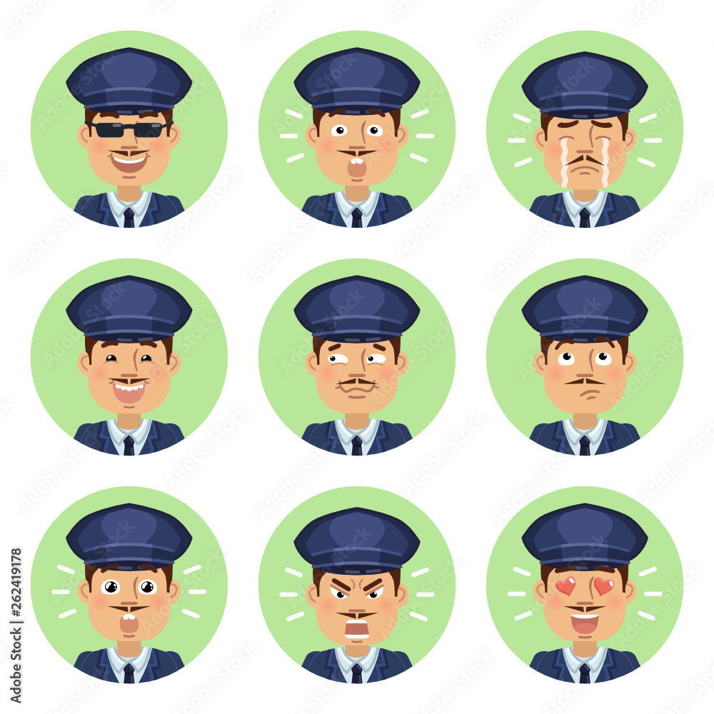 Set of chauffeur emoticons. Man avatars showing different emotions. Happy, smile, sad, cry, angry, love, surprised, upset, laugh and other facial expressions. Flat style vector illustration Set of chauffeur emoticons. Man avatars showing different emotions. Happy, smile, sad, cry, angry, love, surprised, upset, laugh and other facial expressions. Flat style vector illustration