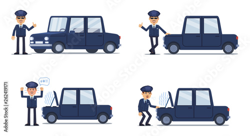 Illustration of a chauffeur posing with a car in different situations. Cheerful driver showing thumb up gesture, angry, tired. Flat style vector illustration
