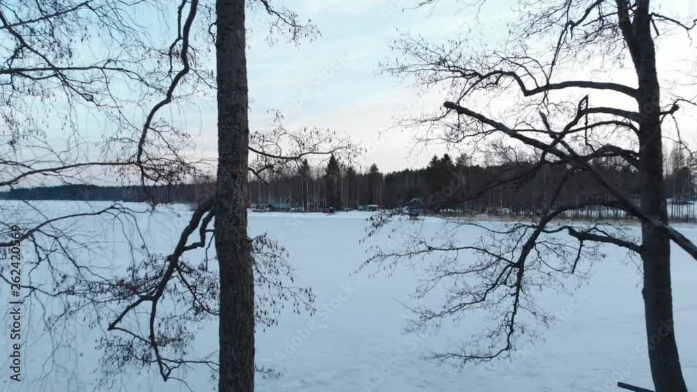 Aerial, drone shot, through branches, towards a frozen lake, on a cloudy, winter day, at Onkamo, near Joensuu, North Karelia, Finland Aerial, drone shot, through branches, towards a frozen lake, on a cloudy, winter day, at Onkamo, near Joensuu, North Karelia, Finland