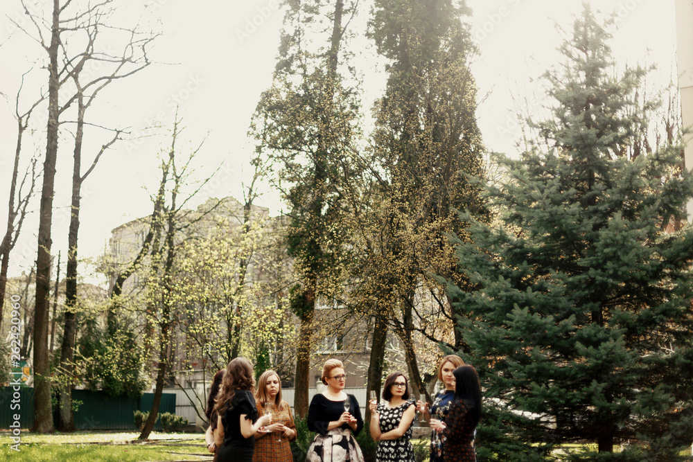group of luxury elegant woman celebrating with champagne in park, luxury happy life concept group of luxury elegant woman celebrating with champagne in park, luxury happy life concept