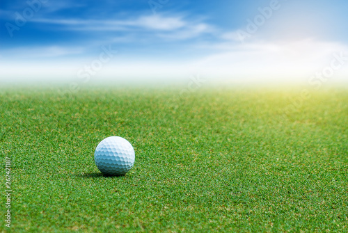 White Golf ball on the green grass on blurred blue sky with clouds background.