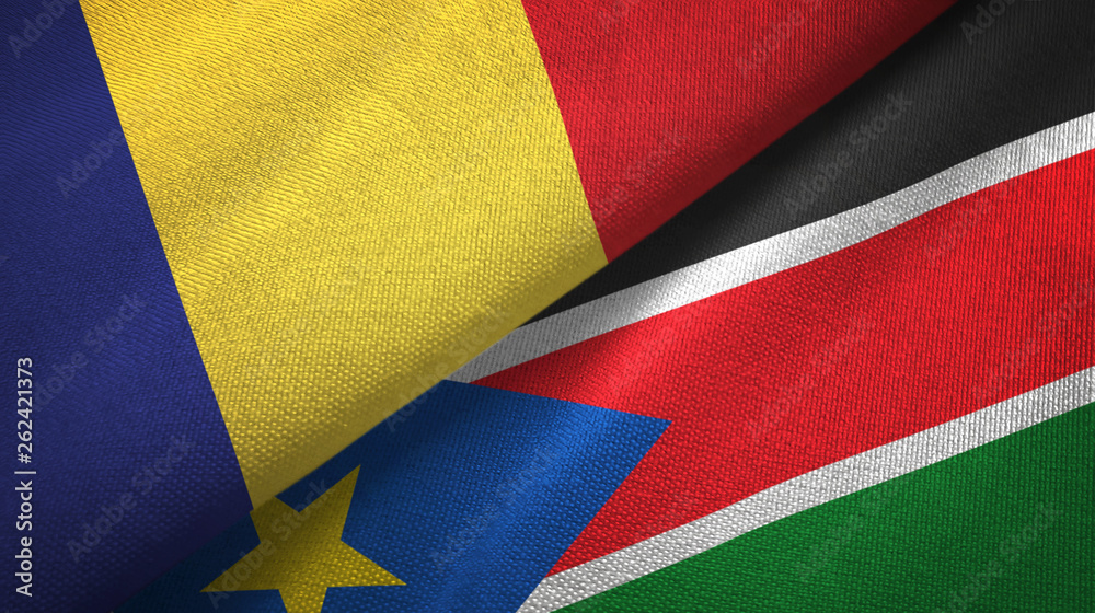 Fototapeta premium Romania and South Sudan two flags textile cloth, fabric texture