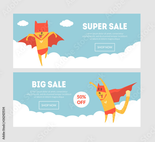 Super Sale Banners Set with Superhero Dog, Final Sale Template Can Be Used For Shop, Online Store, Website, Landing Page Vector Illustration