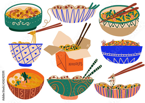 Noodles Set, Traditional Asian Food with Spices and Vegetables Vector Illustration