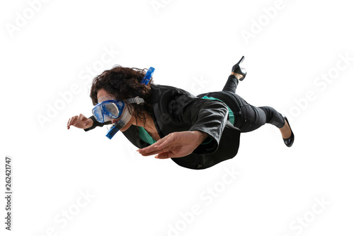 Businesswoman with mask swims isolated on white background